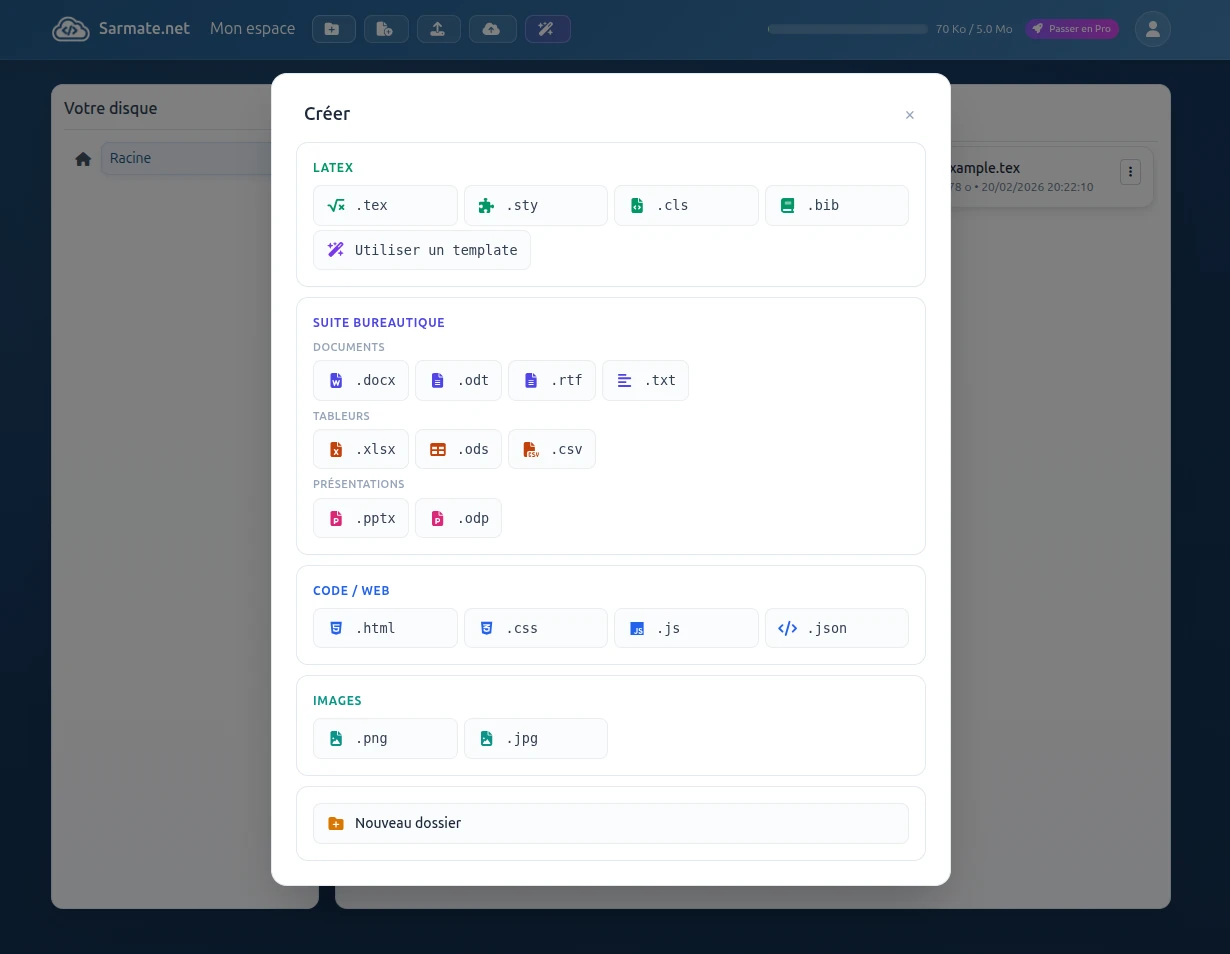 Création d'un fichier LaTeX dans le gestionnaire de fichiers