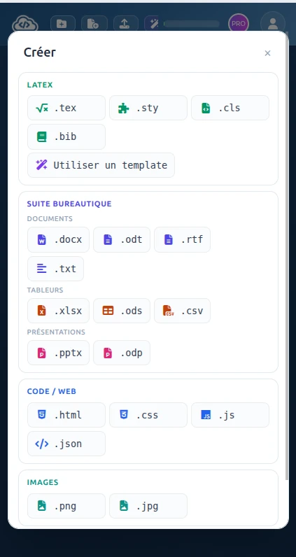 Création d'un fichier LaTeX dans le gestionnaire de fichiers (mobile)